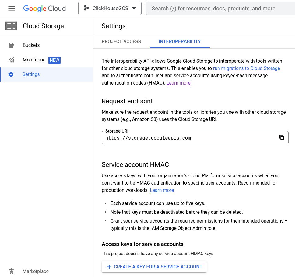 Generating a service account HMAC key in GCS - Zoomed