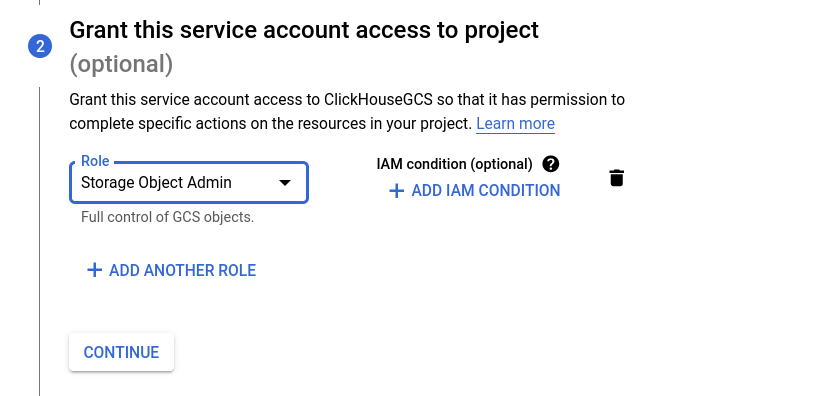 Selecting IAM role Storage Object Admin in GCS - Zoomed