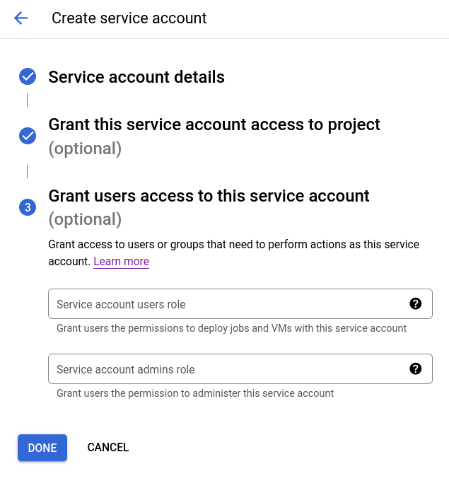 Configuring additional settings for the new service account in GCS - Zoomed