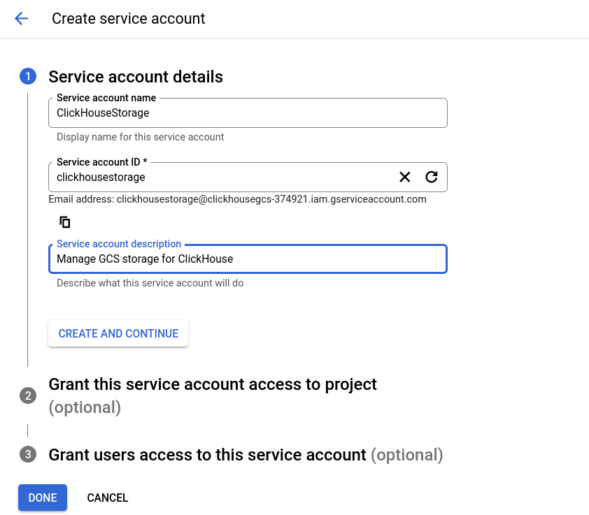 Defining a new service account name and ID in GCS - Zoomed