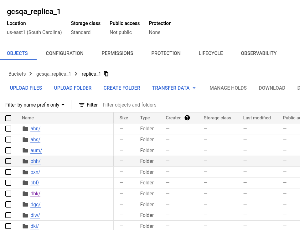 Replica one bucket in Google Cloud Storage showing folder structure with data partitions - Zoomed