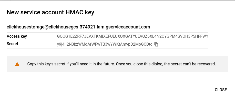 Retrieving the generated HMAC key for GCS - Zoomed