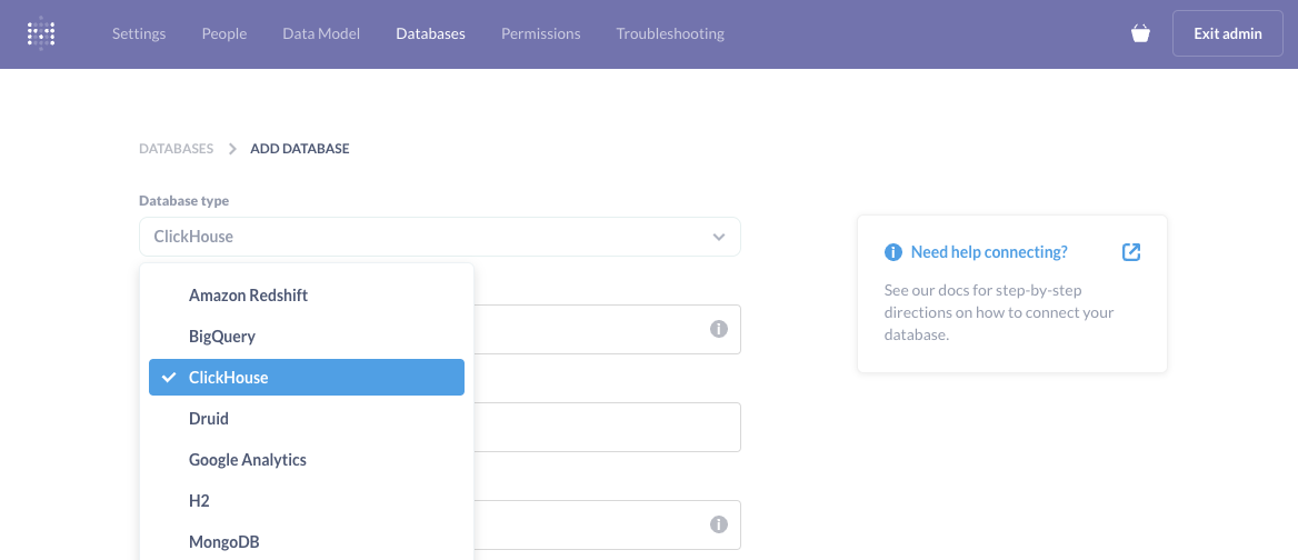 Metabase database selection showing ClickHouse as an option - Zoomed