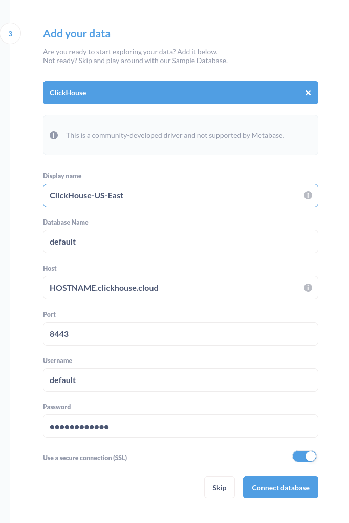 Metabase connection details form for ClickHouse database - Zoomed