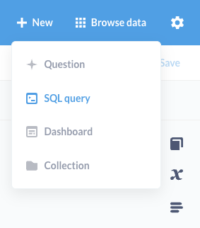 Metabase New menu showing options to create questions, SQL queries, and dashboards - Zoomed